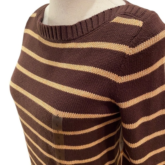 Jones New York Women's Sweater Roll Up Button Boat Brown Stripe Size Small. NWT - Picture 2 of 14